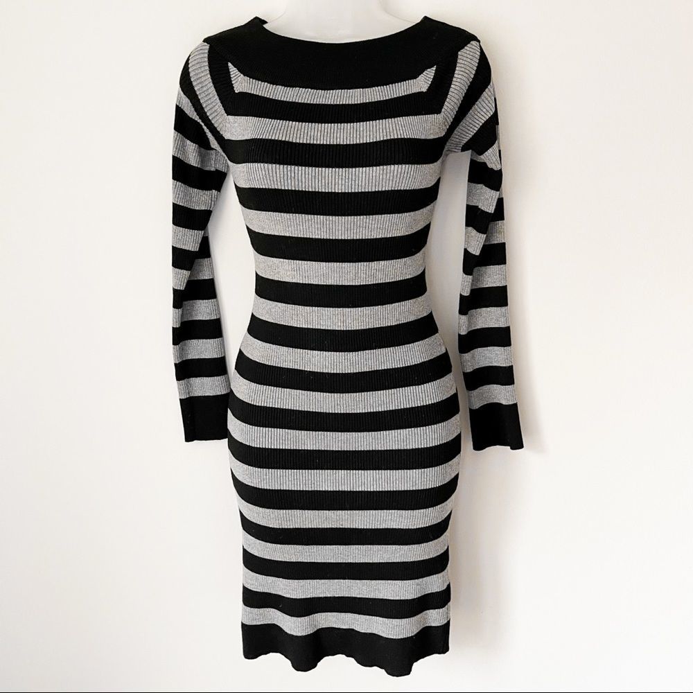 POOF | Sexy Black and Gray Striped Long Sleeve Dress